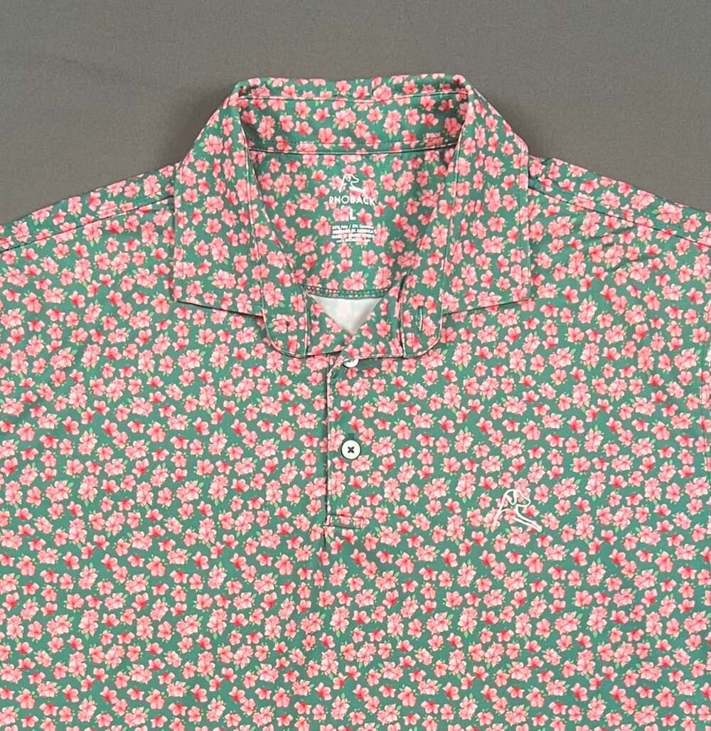 Rhoback The Pink Dogwood Rainforest Green Performance Polo Shirt Men's Large L